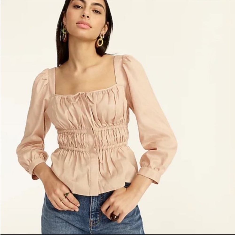 J. Crew 0 Y2K Puff Sleeve MilkMaid Smocked Herringbone Cotton Beige Top 80s